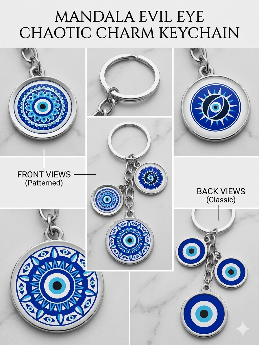 Intricate Multi-Pattern Evil Eye Metal Keychain